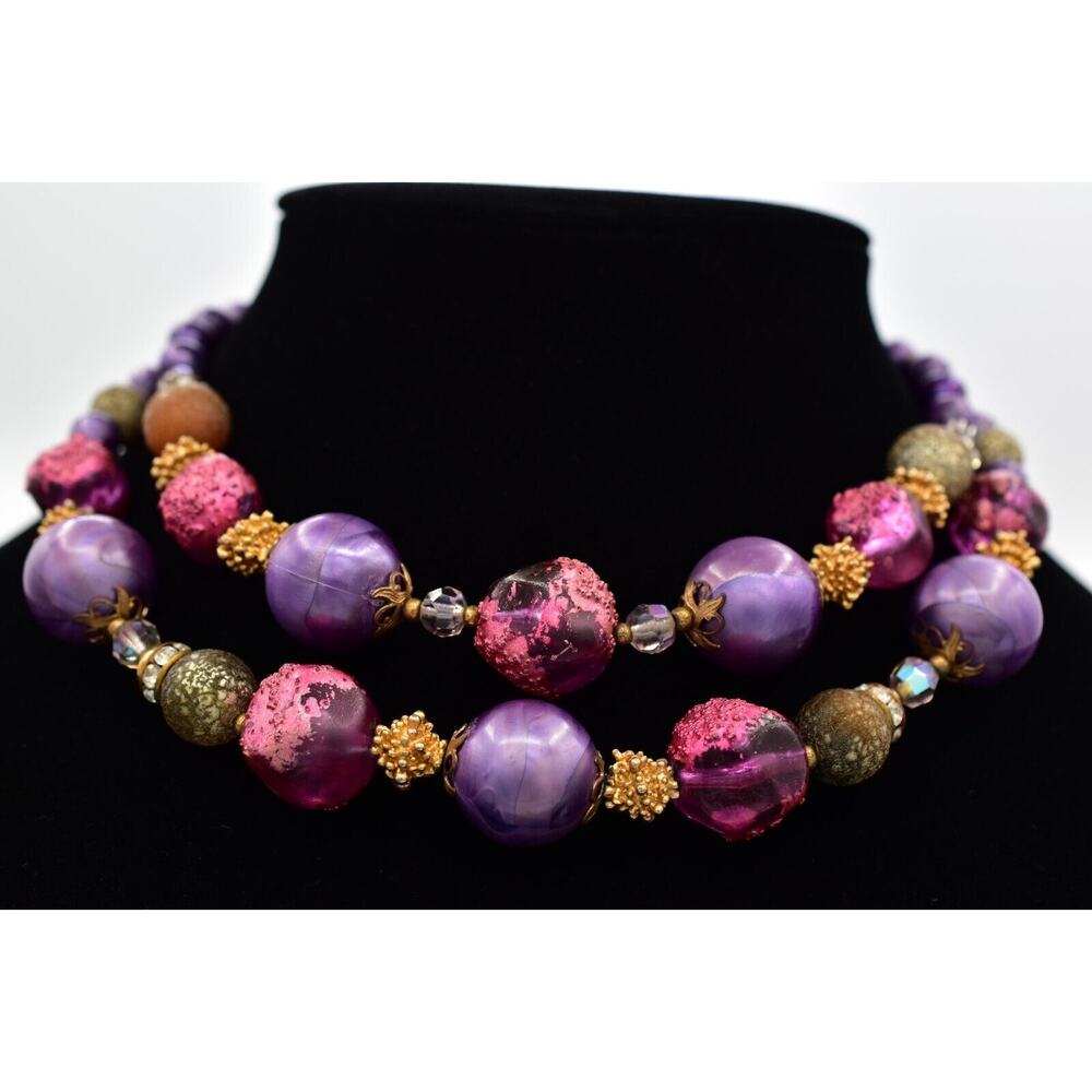 DEAUVILLE Vintage Beaded Collar Necklace Purple Pink Chunky Signed 1950s BinBE